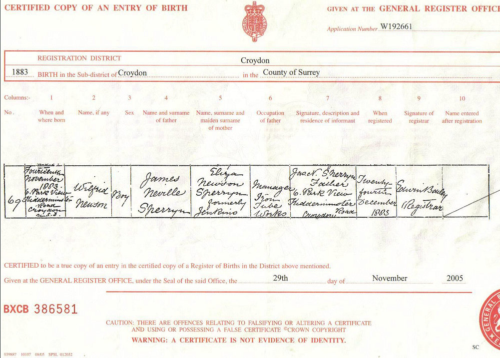 Wilfred Newson birth cert